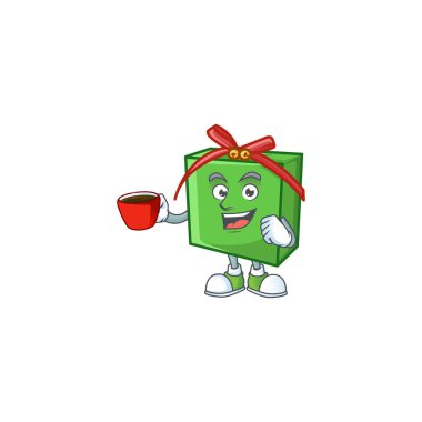 Tatlı yeşil hediye kutusu çizgi film karakteri bir fincan kahveyle