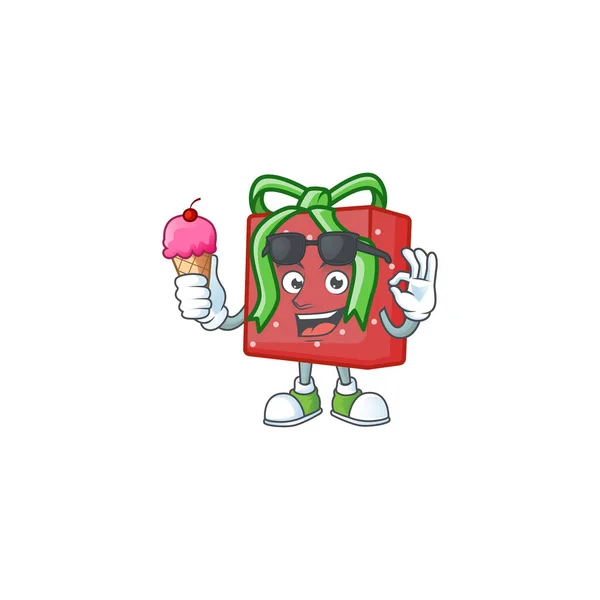 아이스크림이 들어 있는 빨간 선물함 이 특징인 마스코트 캐릭터 — 스톡 벡터