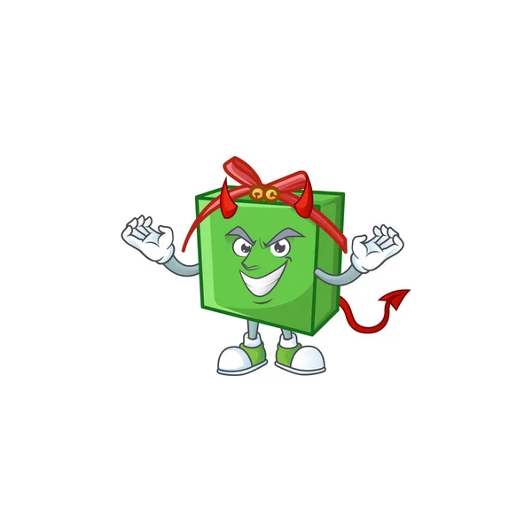 Dessin animé mascotte de boîte-cadeau verte sur un design de geste du diable — Image vectorielle