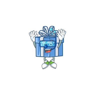 Gülümseyen mavi hediye kutusu çizgi film karakteri tarzı Dalış gözlüğü takıyor