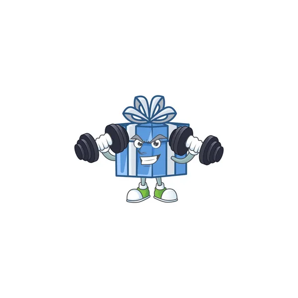 벨을 들고 있는 파란색 선물 상자 만화 캐릭터의 건강 운동 — 스톡 벡터