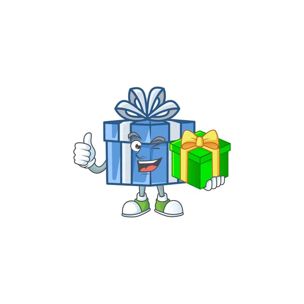 Cartoon character of happy blue gift box with gift box — ストックベクタ