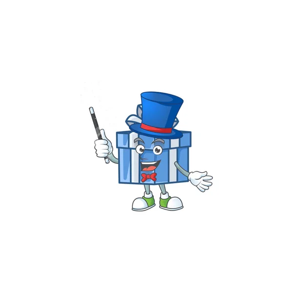 Personaje de dibujos animados de la caja de regalo azul Estilo mago — Vector de stock