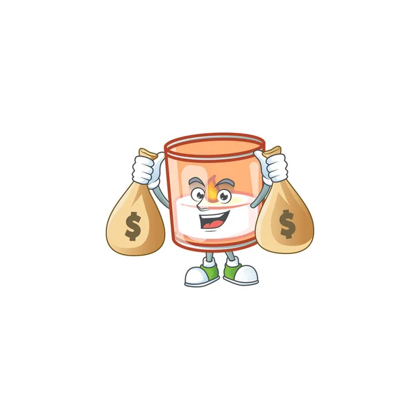 Cute candle in glass cartoon character smiley with money bag — ストックベクタ