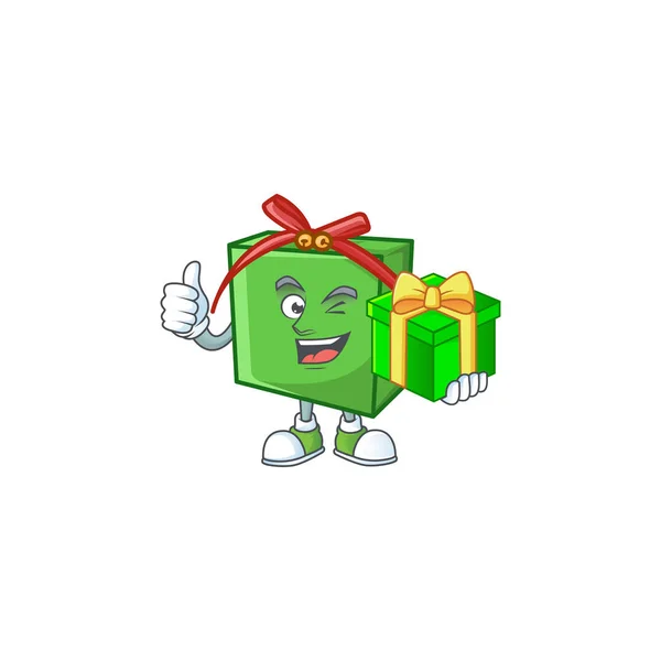 선물 상자가 있는 행복 한 녹색 선물 상자의 만화 캐릭터 — 스톡 벡터