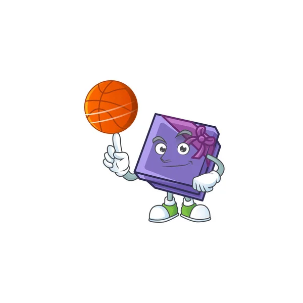 Mascote de estilo de personagem de desenho animado caixa de presente roxo com basquete — Vetor de Stock