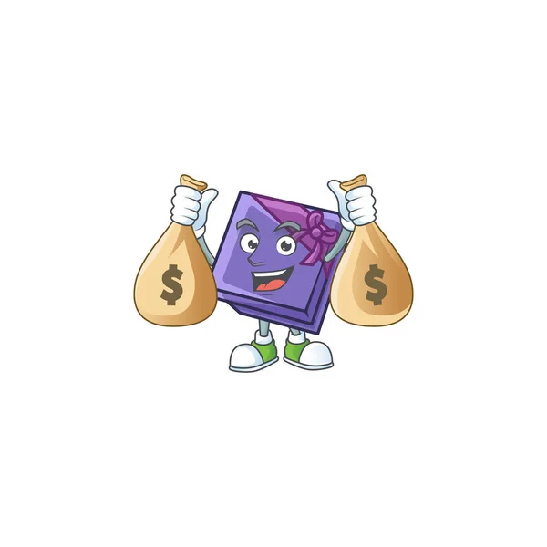 Leuke paarse geschenkdoos cartoon karakter smiley met geld zak — Stockvector
