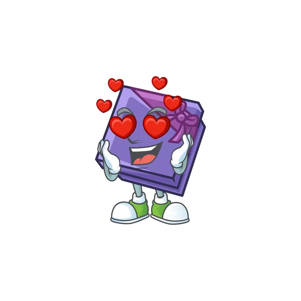 Tomber amoureux heureux mignon violet boîte cadeau dessin animé design — Image vectorielle