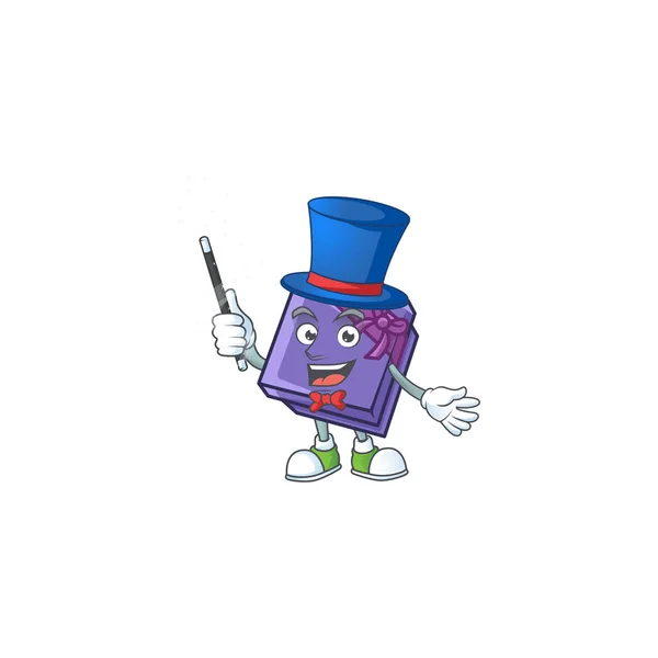 Personaje de dibujos animados de la caja de regalo púrpura Estilo mago — Vector de stock