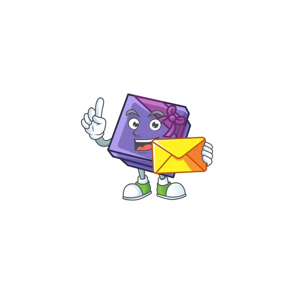 Con sobre cara feliz caja de regalo púrpura mascota estilo de dibujos animados — Archivo Imágenes Vectoriales