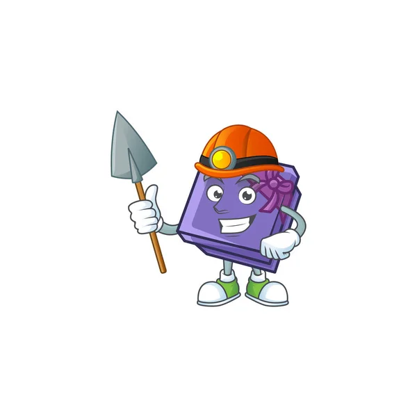 Cool Miner purple gift box cartoon mascot design style — Stock Vector