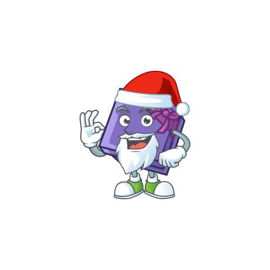 Noel Baba çizgi film karakter tasarımında mor hediye kutusu.