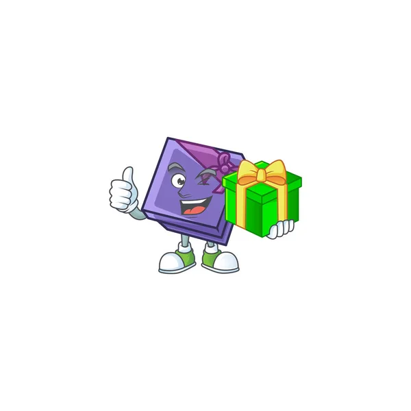 带礼品盒的快乐紫色礼品盒卡通人物 — 图库矢量图片