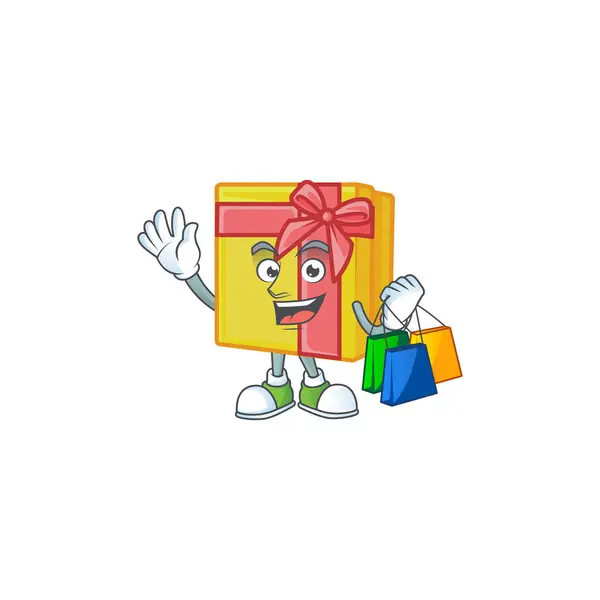 Glada gula presentförpackning tecknad karaktär vinka och hålla Shopping påsar — Stock vektor