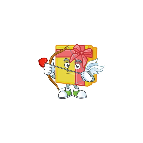 Boîte cadeau jaune mignon Cupidon personnage de dessin animé avec flèche et ailes — Image vectorielle