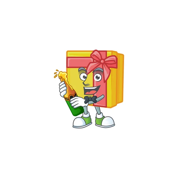 Cool caja de regalo amarilla con estilo de dibujos animados mascota cerveza — Vector de stock