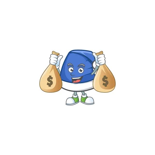 Mignon chapeau de Noël bleu personnage de dessin animé souriant avec sac d'argent — Image vectorielle