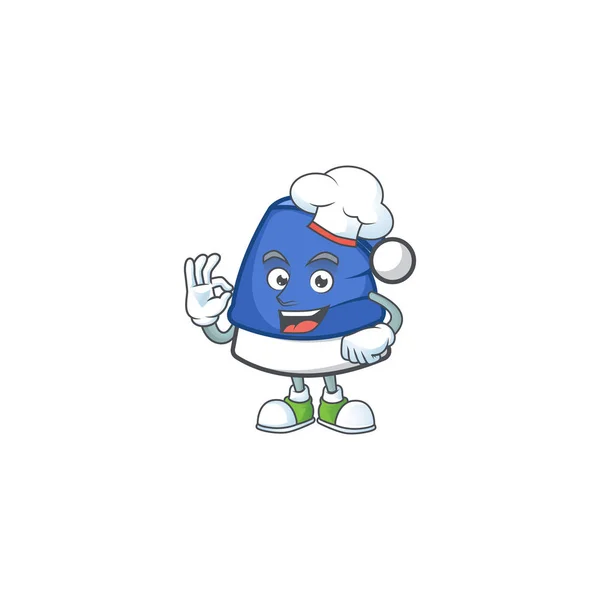 Chef feliz azul Navidad sombrero personaje de dibujos animados con sombrero blanco — Vector de stock
