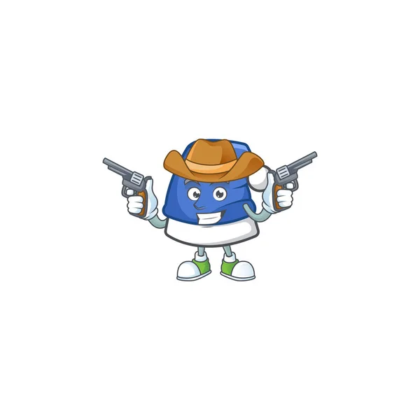 Blue christmas hat cartoon character as a Cowboy holding guns — Stock Vector