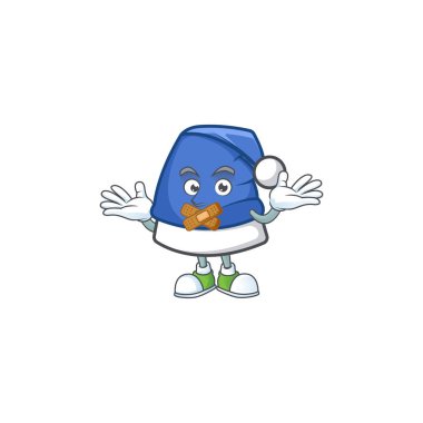 Mavi Noel şapkalı, maskot karakterli sessiz bir jest yapıyor.