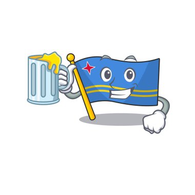 Aruba bayrağı elinde meyve suyuyla gülümsüyor.