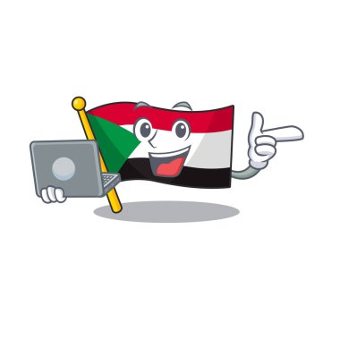 Neşeli dizüstü bilgisayarlı, maskotlu çizgi film bayrağı