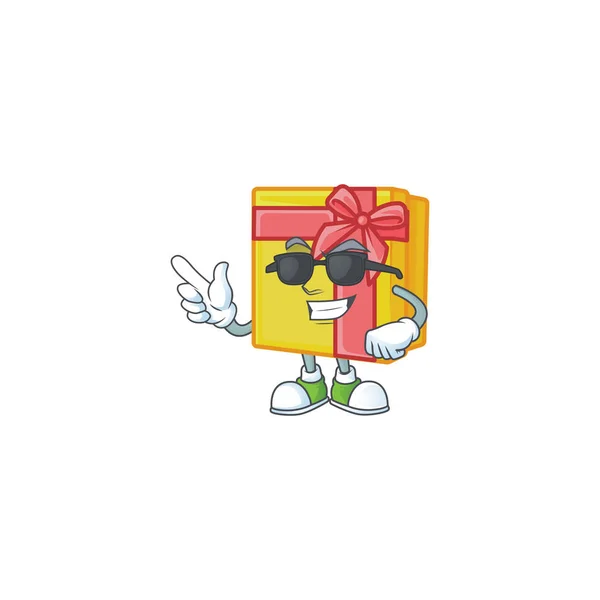 Super cool caja de regalo amarillo personaje con gafas negras — Vector de stock