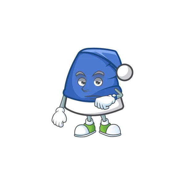 Esperando sombrero de Navidad azul en el diseño de la mascota de dibujos animados estilo — Vector de stock