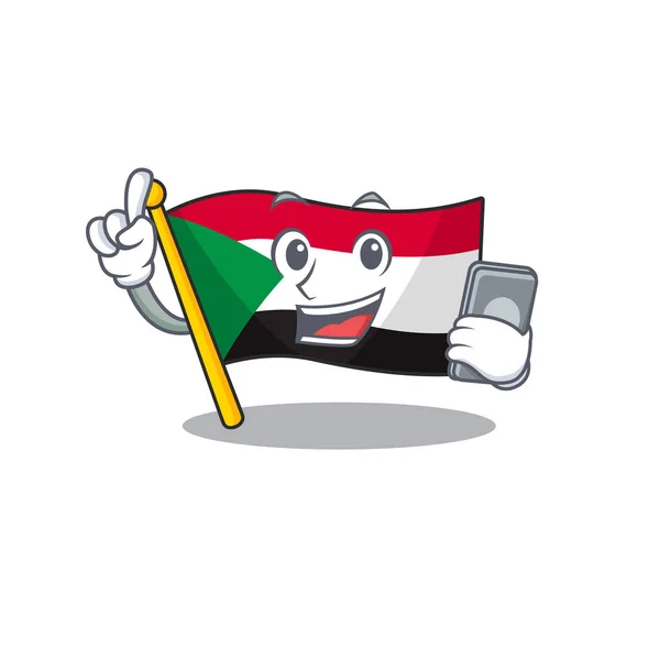 Glada med att hålla telefon tecknad flagga sudan med maskot — Stock vektor