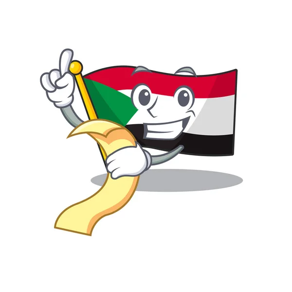 Bandera sudan personaje en forma de dibujos animados que sostiene el proyecto de ley — Vector de stock