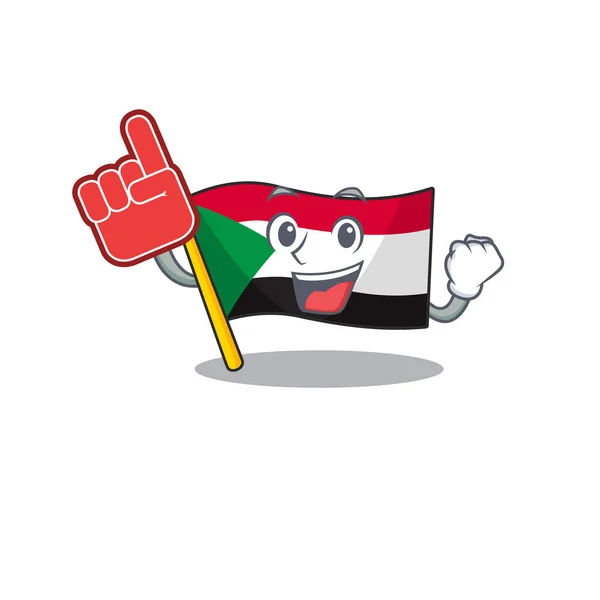 Feliz sorrindo bandeira sudan espuma dedo desenho animado personagem — Vetor de Stock