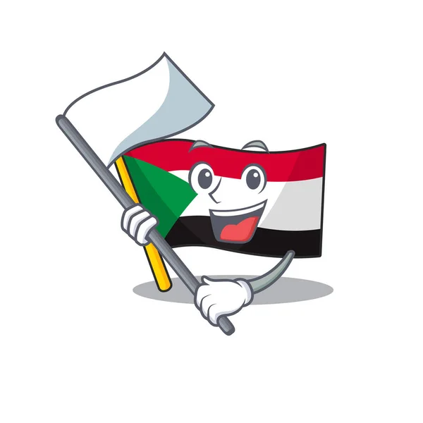 Feliz sorrindo bandeira sudan trazer bandeira personagem dos desenhos animados — Vetor de Stock