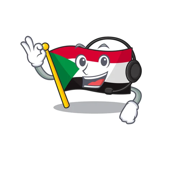 Glad leende flagga sudan med hörlurar tecknad karaktär — Stock vektor