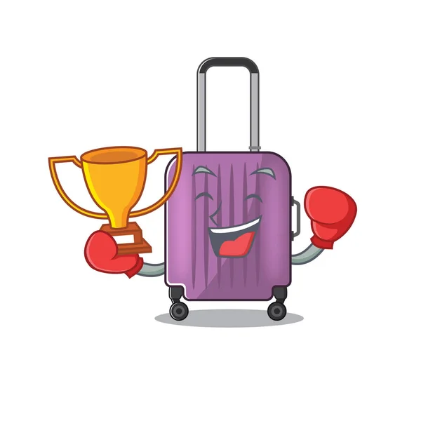 Ilustración de lindo viaje maleta de dibujos animados personaje boxeo ganador — Vector de stock