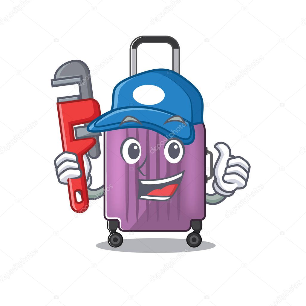 Illustration of cute travel suitcase cartoon character plumber