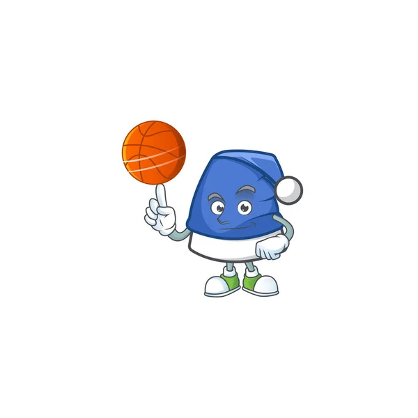 Mascota de azul sombrero de navidad estilo personaje de dibujos animados con baloncesto — Vector de stock