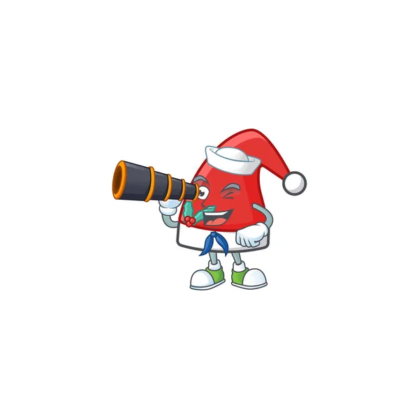 Sonriendo feliz marinero con binocular Santa Claus sombrero de dibujos animados de diseño — Vector de stock