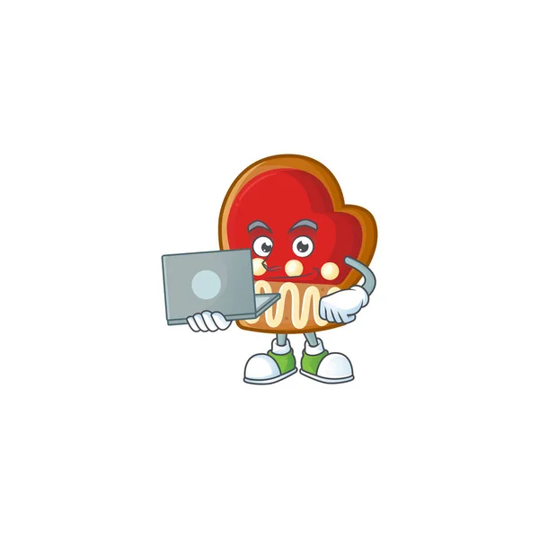 Happy souriant gants cookies personnage de bande dessinée de travail avec ordinateur portable — Image vectorielle