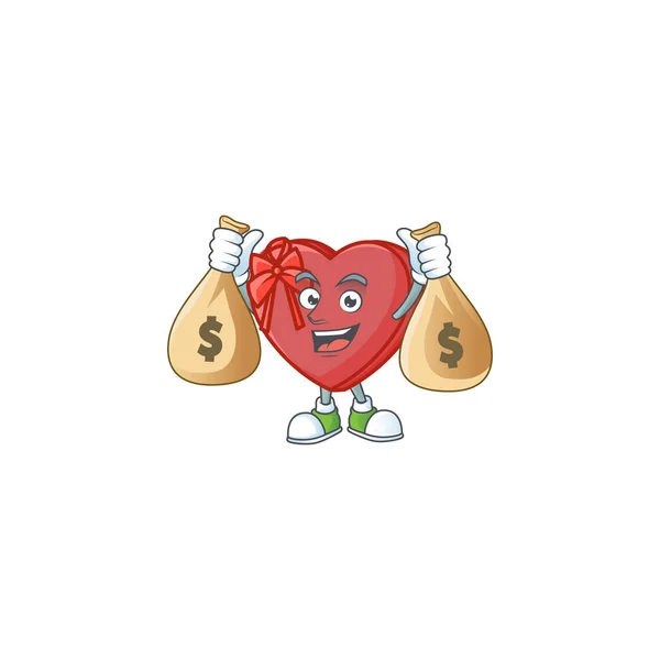 Caixa de presente de amor bonito personagem de desenho animado sorridente com saco de dinheiro — Vetor de Stock