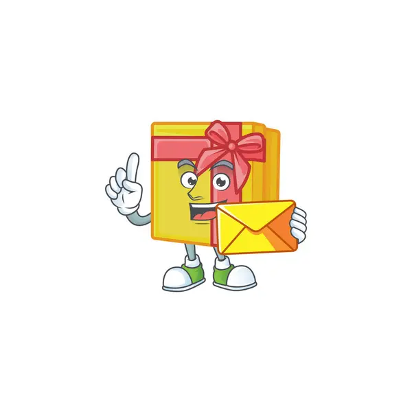 Με φάκελο Ευτυχισμένο πρόσωπο κίτρινο κουτί δώρου στυλ κινουμένων σχεδίων μασκότ — Διανυσματικό Αρχείο