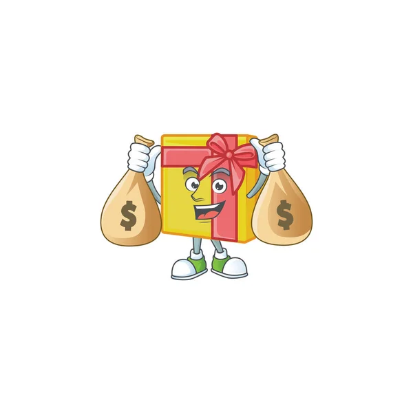 Söt gul presentförpackning tecknad karaktär smiley med pengar väska — Stock vektor