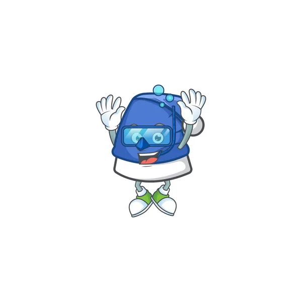 Sorrindo azul chapéu de Natal desenho animado estilo personagem vestindo óculos de mergulho — Vetor de Stock