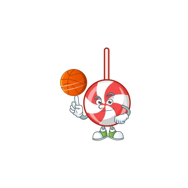 Талисман полосатых мятных конфет стиль персонажа мультфильма с баскетболом — стоковый вектор