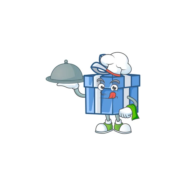 Sonriente caja de regalo azul como chef con diseño de estilo de dibujos animados de alimentos — Vector de stock