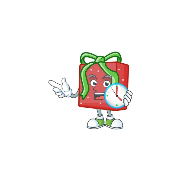 Met klok glimlachende rode geschenkdoos cartoon mascotte stijl — Stockvector