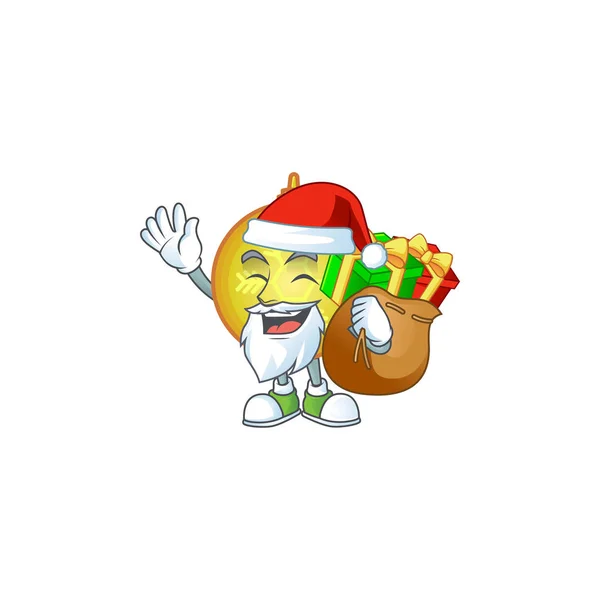 Postać Mikołaj przynieść prezent z żółtym Christmas Ball kreskówki. — Wektor stockowy
