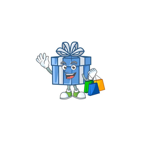 Glada blå presentförpackning tecknad karaktär vinka och hålla Shopping påsar — Stock vektor