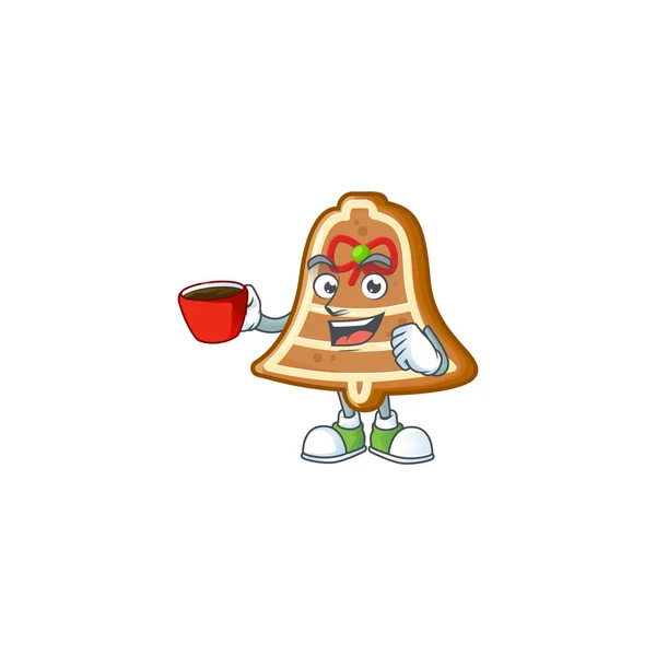 Sweet bell cookies cartoon character with a cup of coffee — Stock Vector