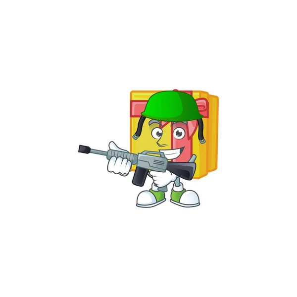 Een cartoon trant van gele gift doos Leger met machine geweer — Stockvector