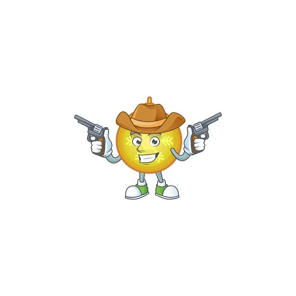 Yellow christmas ball dressed as a cowboy holding guns. — Stock Vector